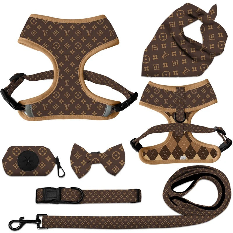 LUXURY DESIGNER REVERSIBLE DOG HARNESS LEASH COLLAR 6 PIECE SET BANDANA BOW TIE - Zsazsa Design