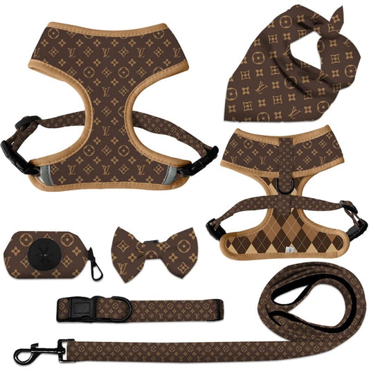 LUXURY DESIGNER REVERSIBLE DOG HARNESS LEASH COLLAR 6 PIECE SET BANDANA BOW TIE - Zsazsa Design